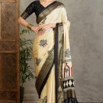 Pulsating Off White Ajrakh Printed Semi Modal Silk Saree With Forbearance Blouse Piece
