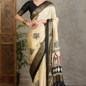 Pulsating Off White Ajrakh Printed Semi Modal Silk Saree With Forbearance Blouse Piece