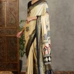 Pulsating Off White Ajrakh Printed Semi Modal Silk Saree With Forbearance Blouse Piece