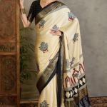 Pulsating Off White Ajrakh Printed Semi Modal Silk Saree With Forbearance Blouse Piece