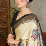 Pulsating Off White Ajrakh Printed Semi Modal Silk Saree With Forbearance Blouse Piece