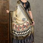 Pulsating Off White Ajrakh Printed Semi Modal Silk Saree With Forbearance Blouse Piece