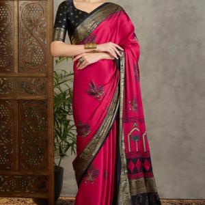 Surpassing Dark Pink Ajrakh Printed Semi Modal Silk Saree With Imaginative Blouse Piece