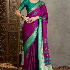 Snappy Purple Ajrakh Printed Semi Modal Silk Saree With Glorious Blouse Piece