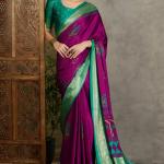 Snappy Purple Ajrakh Printed Semi Modal Silk Saree With Glorious Blouse Piece