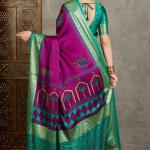 Snappy Purple Ajrakh Printed Semi Modal Silk Saree With Glorious Blouse Piece