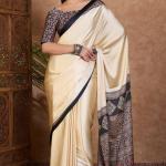 Panoply Off White Ajrakh Printed Semi Modal Silk Saree With Refreshing Blouse Piece