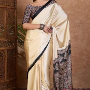 Panoply Off White Ajrakh Printed Semi Modal Silk Saree With Refreshing Blouse Piece