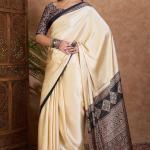 Panoply Off White Ajrakh Printed Semi Modal Silk Saree With Refreshing Blouse Piece