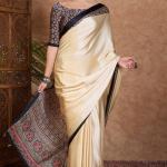 Panoply Off White Ajrakh Printed Semi Modal Silk Saree With Refreshing Blouse Piece
