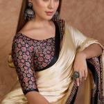 Panoply Off White Ajrakh Printed Semi Modal Silk Saree With Refreshing Blouse Piece