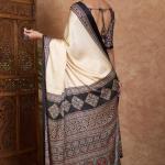 Panoply Off White Ajrakh Printed Semi Modal Silk Saree With Refreshing Blouse Piece