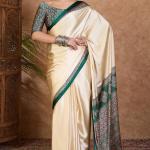 Redolent Off White Ajrakh Printed Semi Modal Silk Saree With Gleaming Blouse Piece