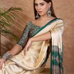 Redolent Off White Ajrakh Printed Semi Modal Silk Saree With Gleaming Blouse Piece