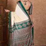 Redolent Off White Ajrakh Printed Semi Modal Silk Saree With Gleaming Blouse Piece