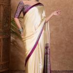 Twirling Off White Ajrakh Printed Semi Modal Silk Saree With Piquant Blouse Piece