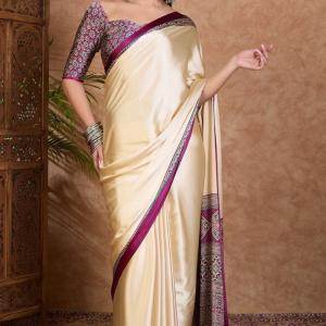 Twirling Off White Ajrakh Printed Semi Modal Silk Saree With Piquant Blouse Piece