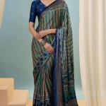 Sonorous Dark Green Ajrakh Printed Semi Modal Silk Saree With Breathtaking Blouse Piece