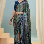 Sonorous Dark Green Ajrakh Printed Semi Modal Silk Saree With Breathtaking Blouse Piece