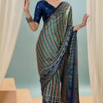 Sonorous Dark Green Ajrakh Printed Semi Modal Silk Saree With Breathtaking Blouse Piece