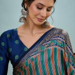 Sonorous Dark Green Ajrakh Printed Semi Modal Silk Saree With Breathtaking Blouse Piece