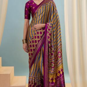 Intricate Yellow Ajrakh Printed Semi Modal Silk Saree With Comely Blouse Piece