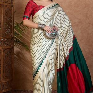 Glittering Off White Ajrakh Printed Semi Modal Silk Saree With Quixotic Blouse Piece