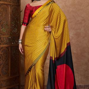 Sensational Yellow Ajrakh Printed Semi Modal Silk Saree With Resonant Blouse Piece