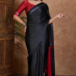 Palimpsest Black Ajrakh Printed Semi Modal Silk Saree With Lovely Blouse Piece