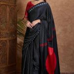Palimpsest Black Ajrakh Printed Semi Modal Silk Saree With Lovely Blouse Piece