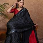 Palimpsest Black Ajrakh Printed Semi Modal Silk Saree With Lovely Blouse Piece