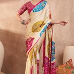 Glowing Beige Ajrakh Printed Semi Modal Silk Saree With Breathtaking Blouse Piece