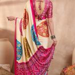 Glowing Beige Ajrakh Printed Semi Modal Silk Saree With Breathtaking Blouse Piece