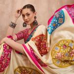 Glowing Beige Ajrakh Printed Semi Modal Silk Saree With Breathtaking Blouse Piece