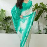 Tremendous Sea Green Digital Printed Satin Silk Saree With Radiant Blouse Piece