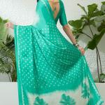 Tremendous Sea Green Digital Printed Satin Silk Saree With Radiant Blouse Piece