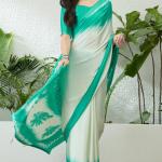 Tremendous Sea Green Digital Printed Satin Silk Saree With Radiant Blouse Piece