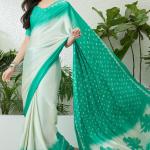 Tremendous Sea Green Digital Printed Satin Silk Saree With Radiant Blouse Piece