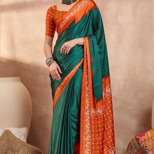 Rhapsody Rama Ajrakh Printed Semi Modal Silk Saree With Staggering Blouse Piece