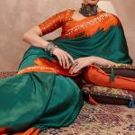 Rhapsody Rama Ajrakh Printed Semi Modal Silk Saree With Staggering Blouse Piece