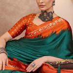 Rhapsody Rama Ajrakh Printed Semi Modal Silk Saree With Staggering Blouse Piece