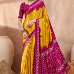 Panoply Yellow Ajrakh Printed Semi Modal Silk Saree With Seraglio Blouse Piece