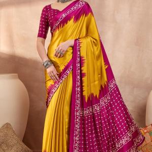 Panoply Yellow Ajrakh Printed Semi Modal Silk Saree With Seraglio Blouse Piece