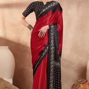 Improbable Red Ajrakh Printed Semi Modal Silk Saree With Demure Blouse Piece