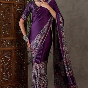 Quintessential Purple Ajrakh Printed Semi Modal Silk Saree With Blooming Blouse Piece
