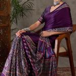 Quintessential Purple Ajrakh Printed Semi Modal Silk Saree With Blooming Blouse Piece