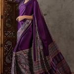Quintessential Purple Ajrakh Printed Semi Modal Silk Saree With Blooming Blouse Piece