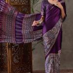 Quintessential Purple Ajrakh Printed Semi Modal Silk Saree With Blooming Blouse Piece