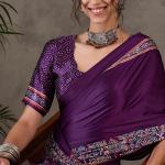 Quintessential Purple Ajrakh Printed Semi Modal Silk Saree With Blooming Blouse Piece