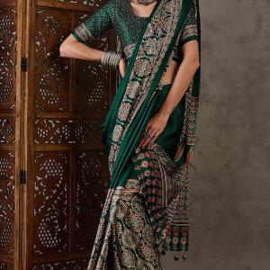 Most Stunning Dark Green Ajrakh Printed Semi Modal Silk Saree With Opulent Blouse Piece